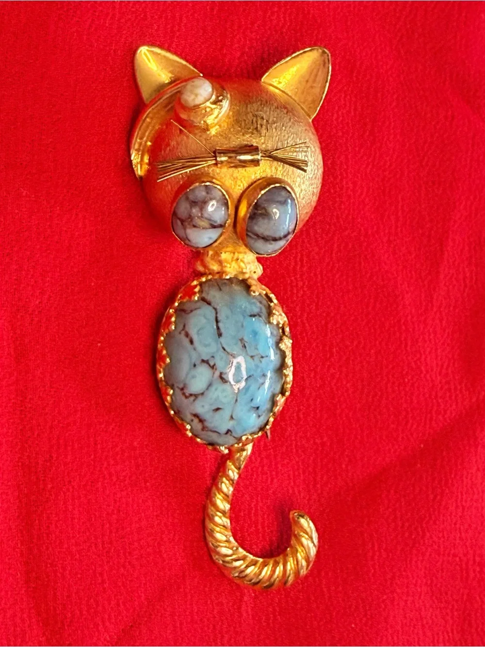 VTG Gold Tone Kitty Cat Jelly Belly Faux Turquoise Coral Pin Brooch Italy Rare